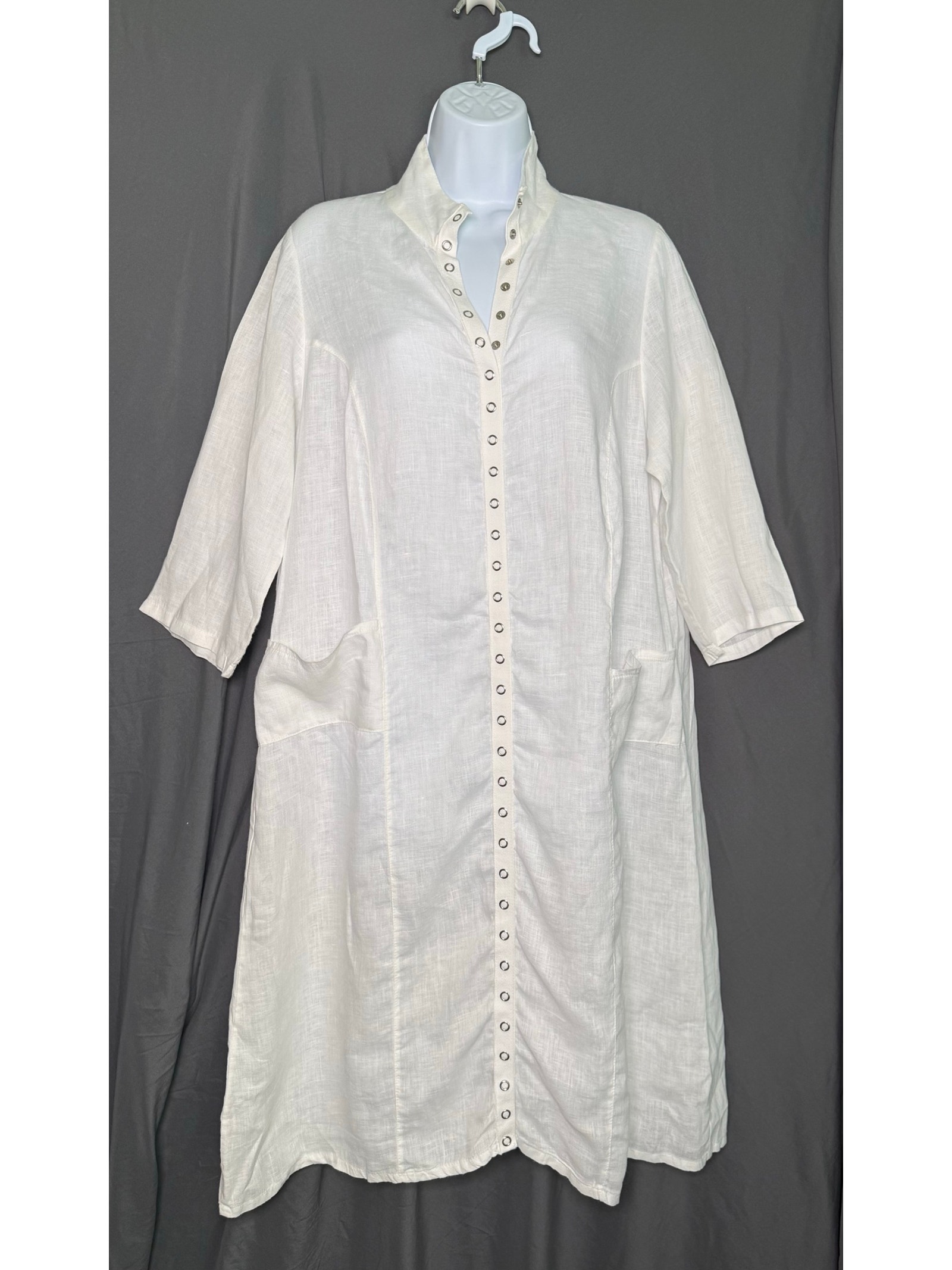 Jewel Toffier Dress White Lagenlook Snap Button Down 3/4 Sleeve Linen Medium
